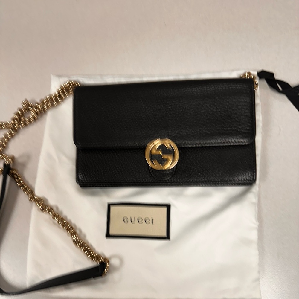 Gucci Interlocking Chain Wallet Black Leather Cross Body Bag - Picture 11 of 16